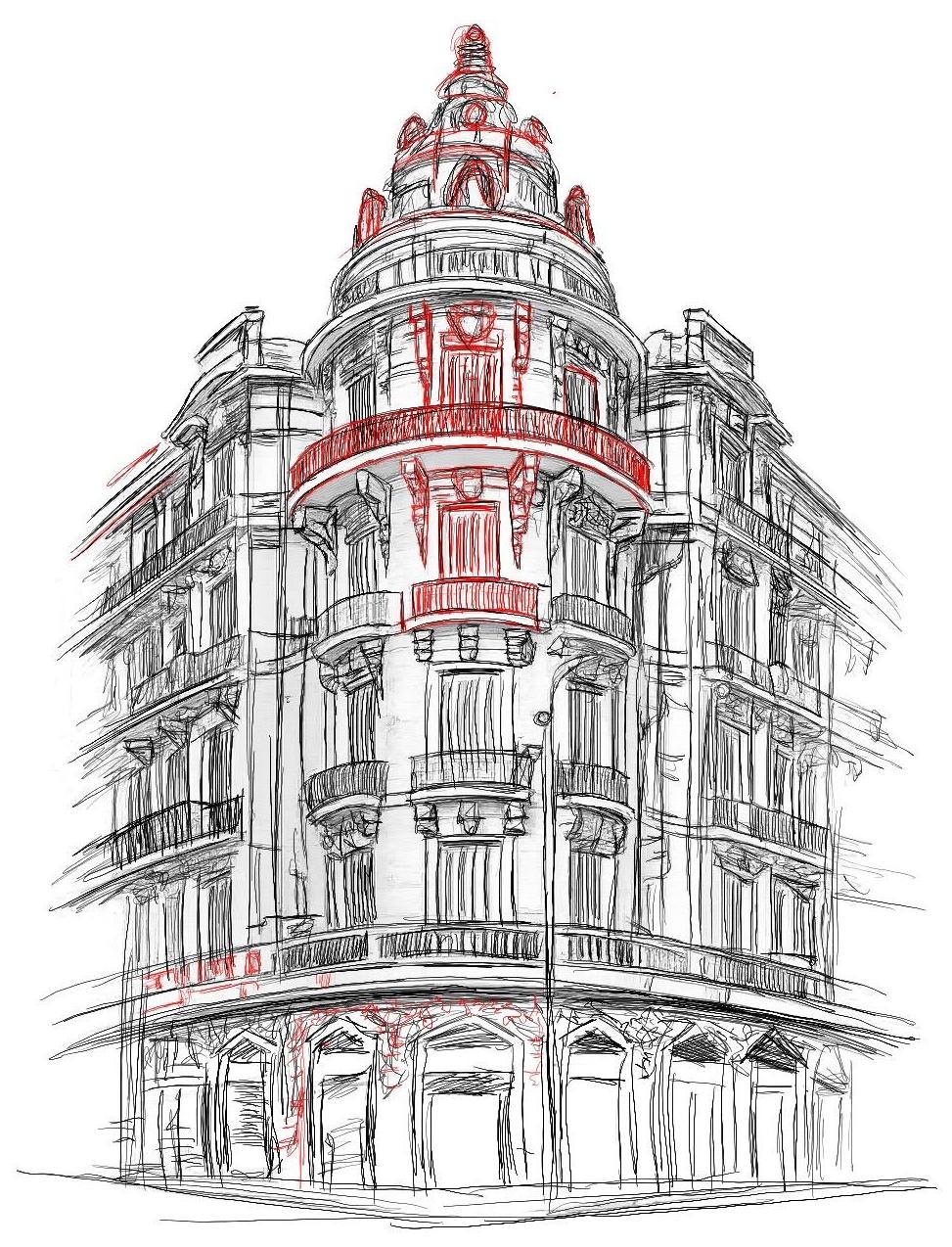 Freehand sketch of a corner building in West el Balad, Cairo: rounded turret with dome, tiered balconies and ground-floor shopfronts, red pencil over black line.