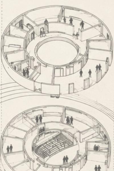 Exploded isometric sketch of a circular music building: a ring of rooms around a central void above a performance hall with curved raked seating.