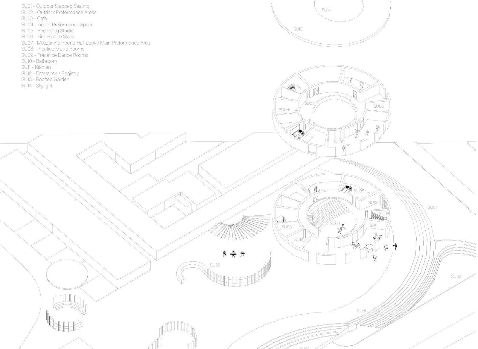 Exploded axonometric of the circular music building: roof with skylight, upper ring of practice rooms and ground floor with performance hall, in its site.