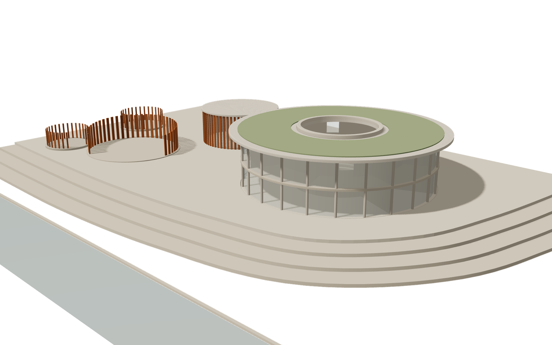 Still of the interpretive 3D study of the Music Institution: a glazed drum with a planted roof and central skylight, a slatted annexe and curved terraces stepping to a canal.