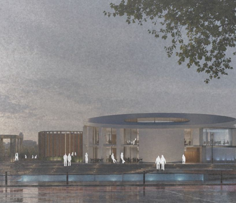 Dusk render of a circular two-storey music hall with a wide ring roof, glazed façades and figures on stepped terraces beside a reflecting pool.