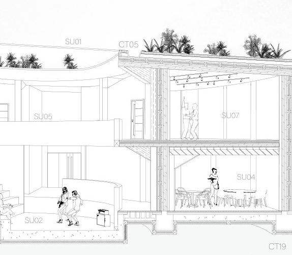 Section detail: double-height performance space with dancers, mezzanine above, cafe and first-floor dance studio under a green roof.