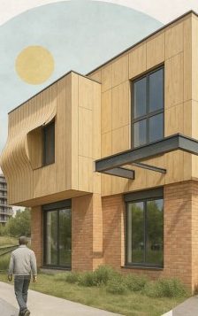 Concept render of a two-storey Maison Peplum study: timber cladding folding open at the corner above a brick ground floor, with a man walking past.