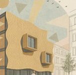 Street-level concept study of the rippled timber facade for Maison Peplum, with two projecting box windows.