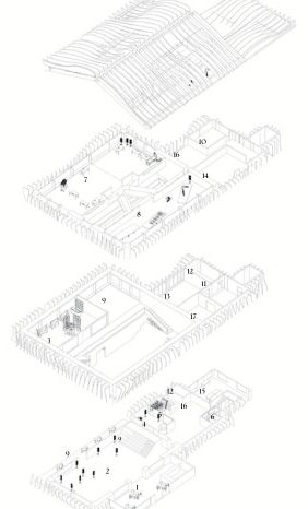 Exploded axonometric of Maison Peplum: a ribbed timber-fin roof above three fin-wrapped floor levels with stairs, furniture and numbered tags.