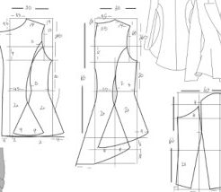 Three hand-drawn pattern-drafting blocks for a peplum bodice on measured grids, with handwritten dimensions and flared peplum hem pieces.