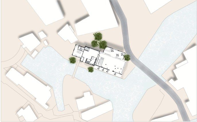 Floor plan of Maison Peplum in its Brentford context, between a canal basin and a curving road bridge, with trees and furniture drawn in plan.