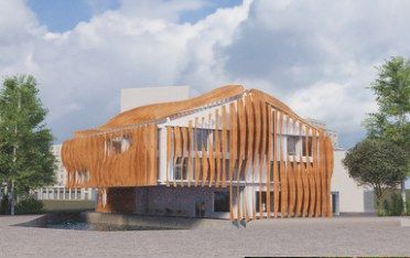 Daytime render of Maison Peplum, Brentford: curved orange timber fins wrap an existing pitched-roof warehouse, with trees and a reflecting pool in front.