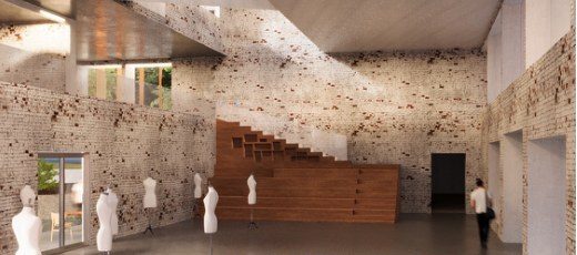 Interior render of Maison Peplum's main hall: whitewashed brick walls, a timber stepped stair and a row of dress forms beneath a rooflight.